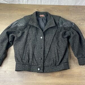 Vintage NYC Girl Black Wool Blend with Leather Accents Button Up Bomber Jacket M